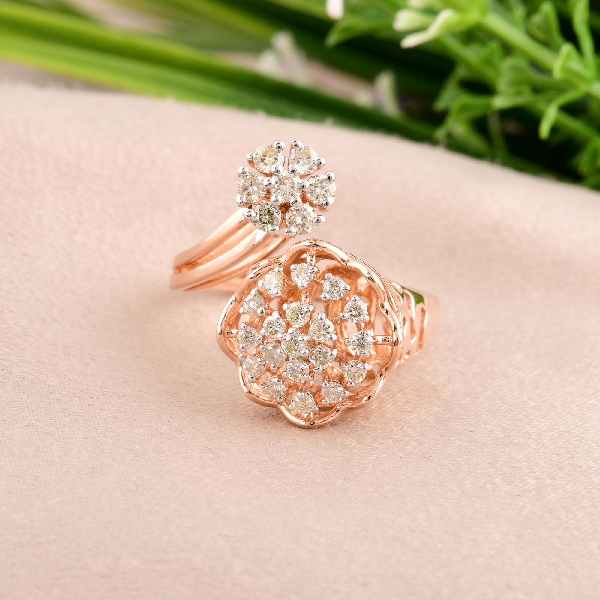 Round Cut 0.40 Carat Diamond Pave Flower Wrap Ring 14 Karat Rose Gold Handmade Jewelry For Sale