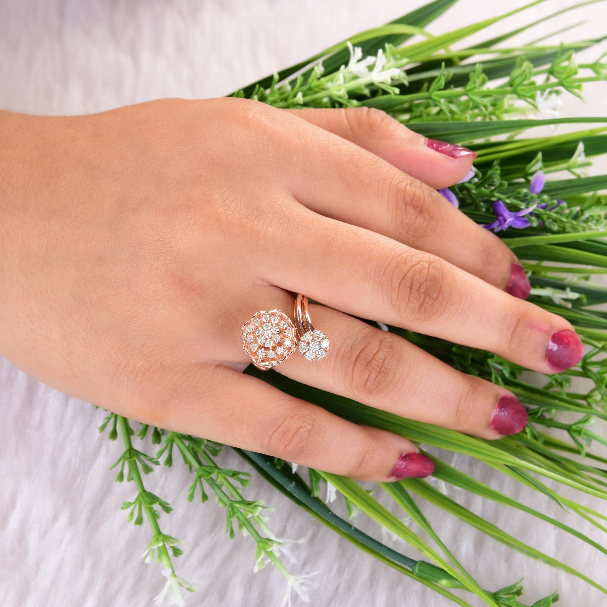 Women's 0.40 Carat Diamond Pave Flower Wrap Ring 14 Karat Rose Gold Handmade Jewelry For Sale