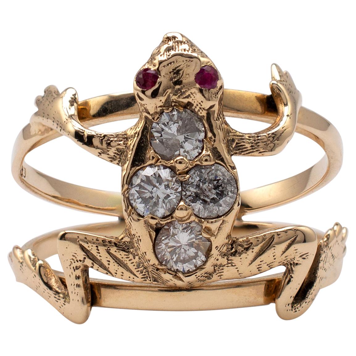 Diamond Ruby Frog Ring 15 Karat Gold - Custom Made Unique & Special Piece 