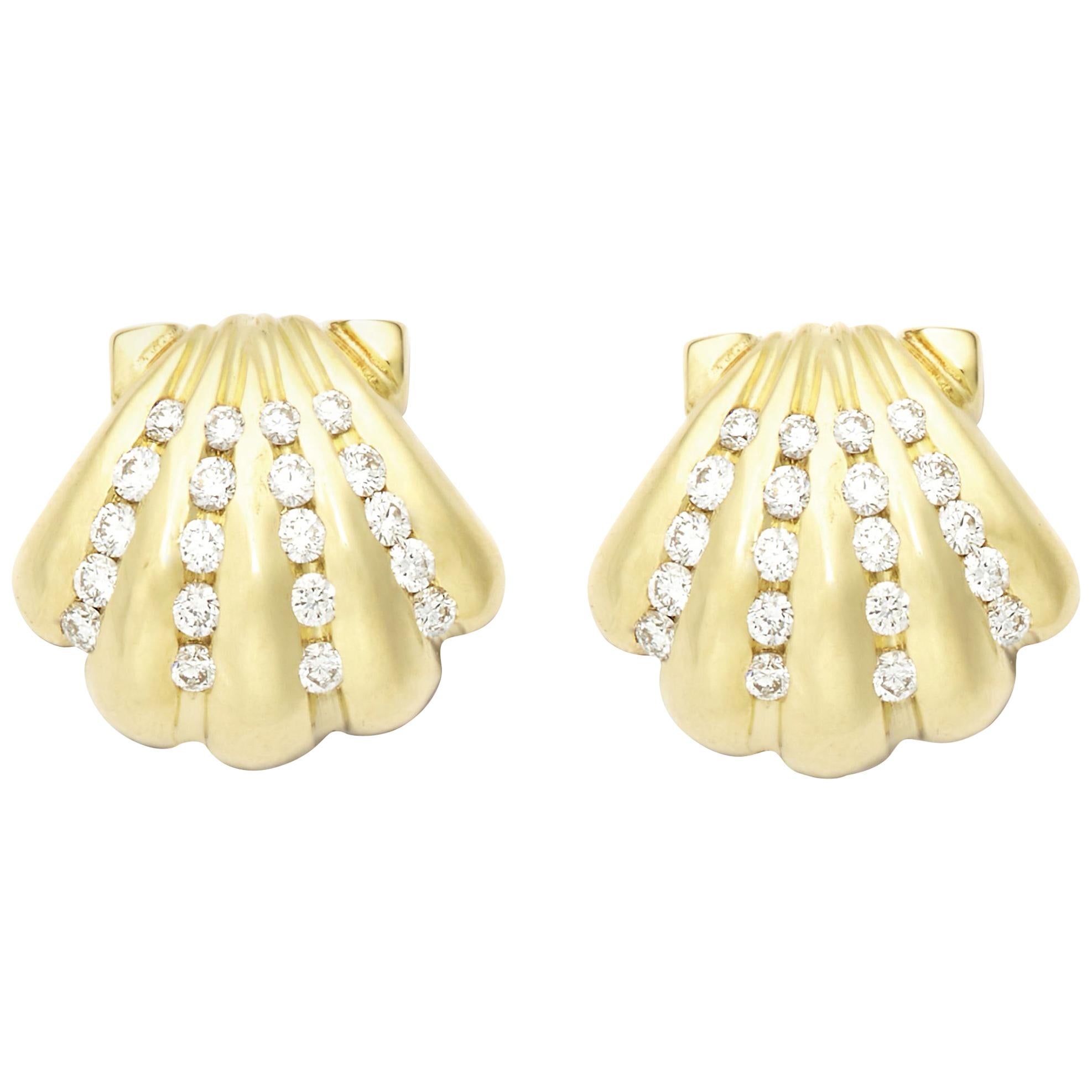 Susan Lister Locke 0.40 Carat Diamond Scallop Shell Earrings in 18 Karat Gold For Sale