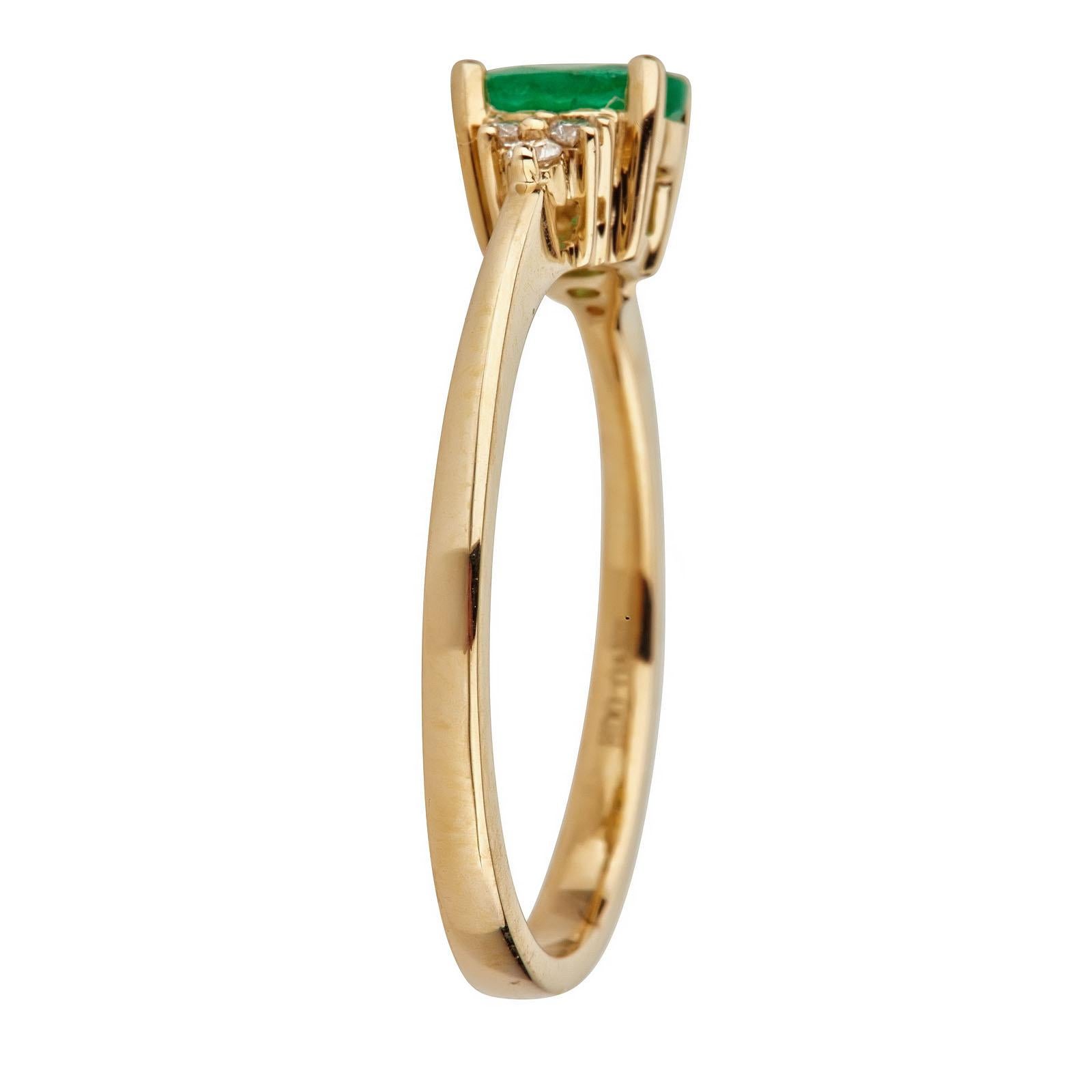 This beautiful Natural Emerald Ring is crafted in 14-karat Yellow gold and features a 0.40 carat 1 Pc Emerald with 6Pcs Round White Diamonds in GH- I1 quality with 0.07Ct in a prong-setting. 
This Ring comes in sizes 6-9, and it is a perfect gift