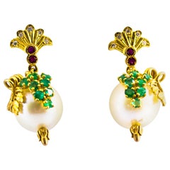 0.40 Carat Emerald Ruby 0.15 Carat White Diamond Pearl Yellow Gold Stud Earrings