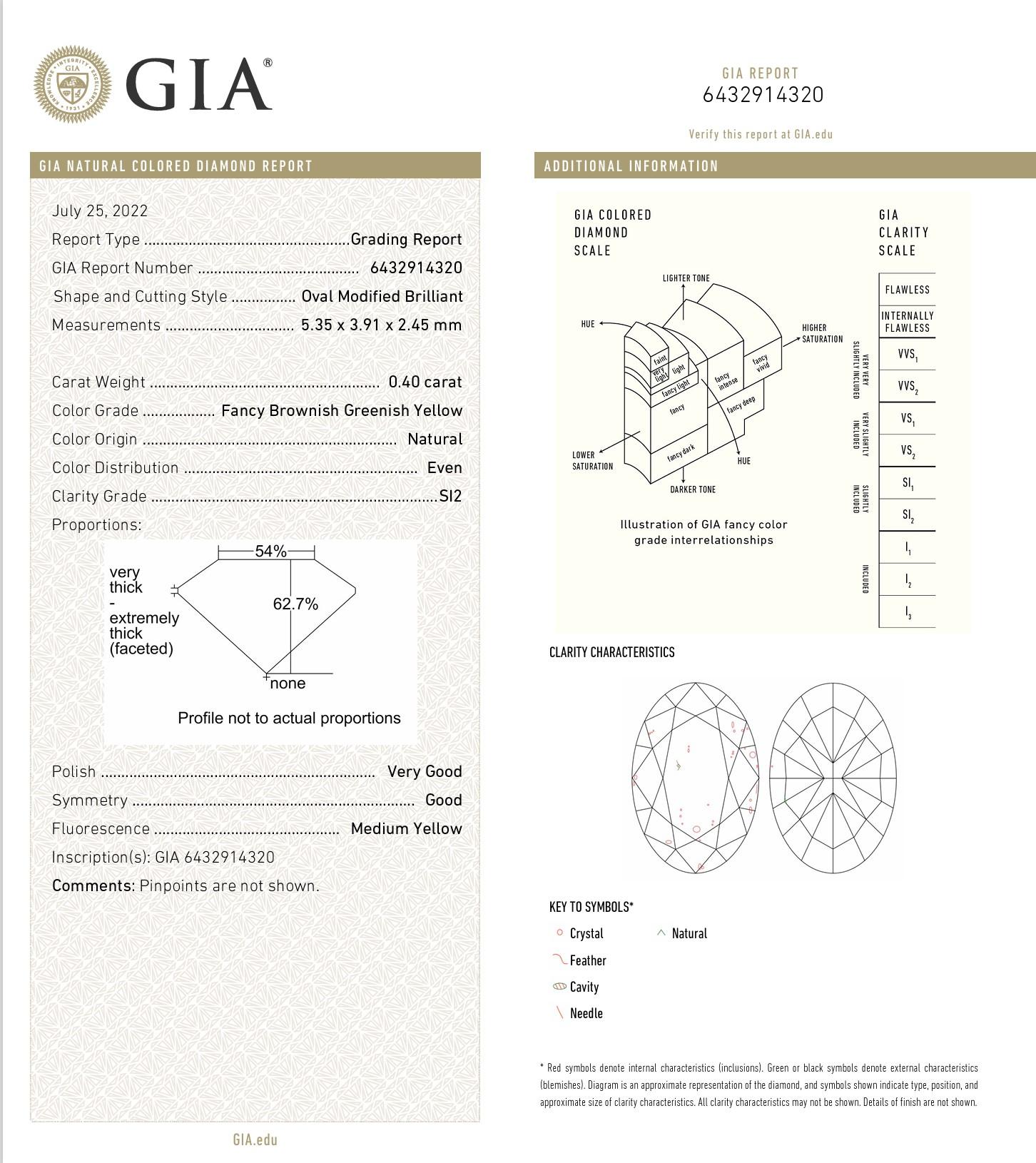 0.40 Carat Fancy Brownish Greenish Yellow Oval cut diamond GIA Certified For Sale 1