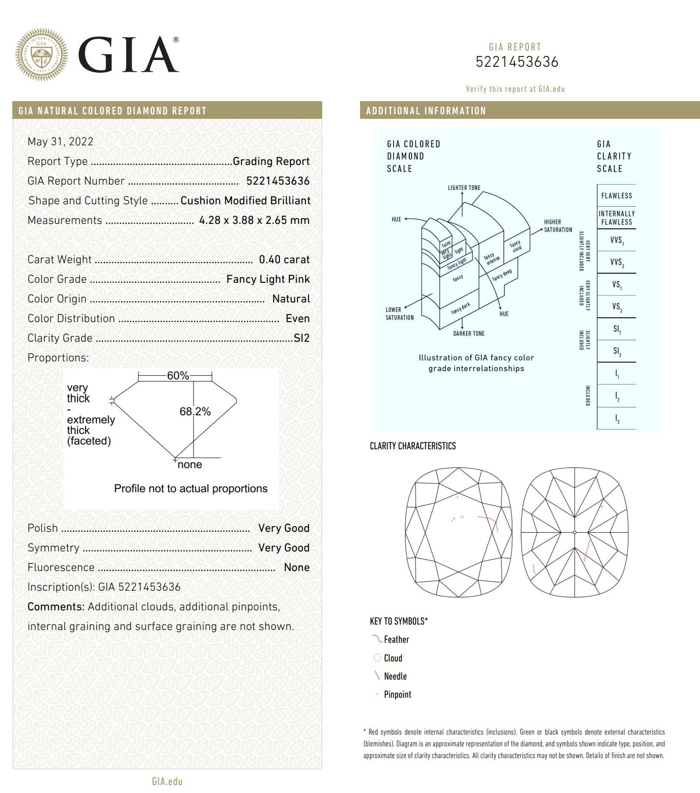 0.40 Carat Fancy Light Pink diamond SI2 Clarity GIA Certified For Sale 5