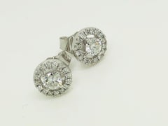 0.40 Carat Halo Solitaire Round Brilliant Cluster 18k Gold Stud Diamond Earrings