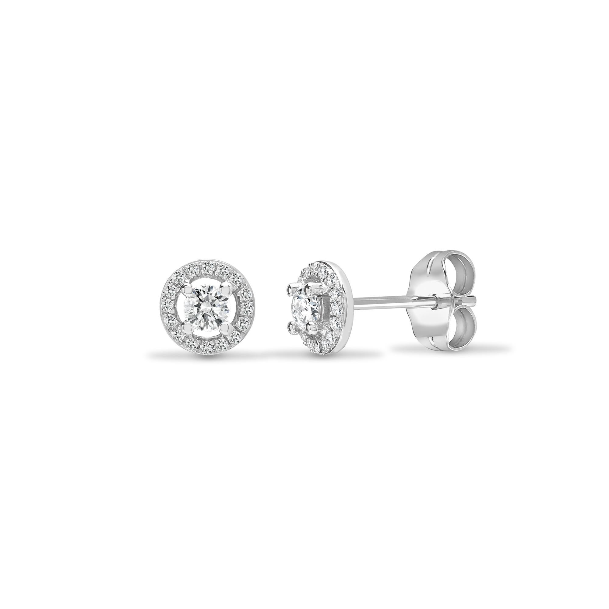 Contemporary 0.40 Carat Halo Solitaire Round Brilliant Cluster 18k Gold Stud Diamond Earrings For Sale