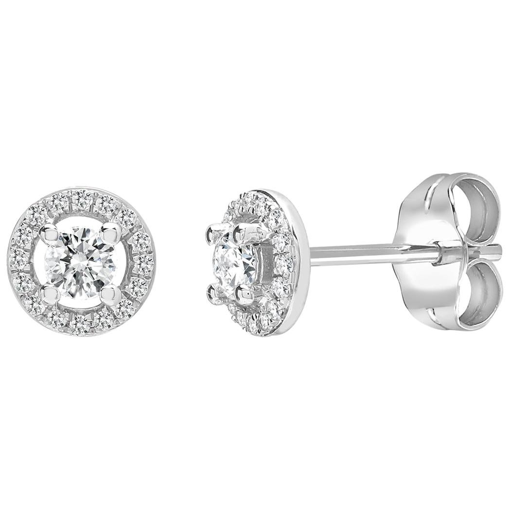 0.40 Carat Halo Solitaire Round Brilliant Cluster 18k Gold Stud Diamond Earrings