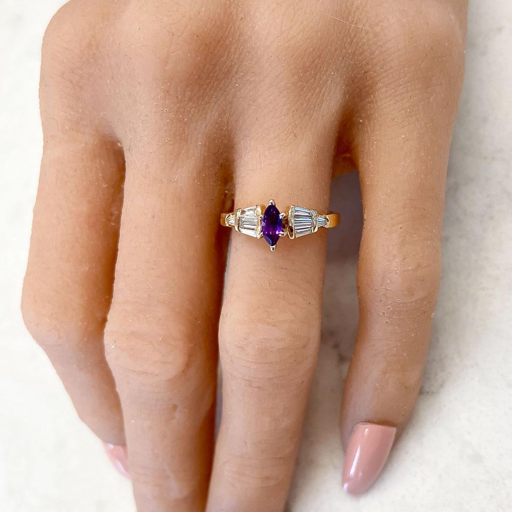 Marquise Cut 0.40 Carat Marquise Amethyst and Diamond Cocktail Ring in 14 Karat Yellow Gold