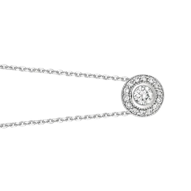 Round Cut 0.40 Carat Natural Diamond Bezel Necklace Pendant 14 Karat White Gold G SI For Sale