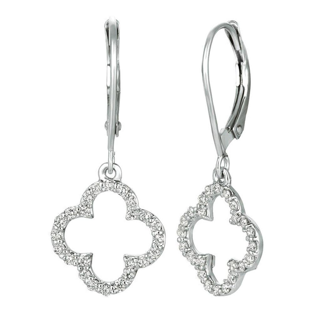 Boucles d'oreilles trèfle en or blanc 14 carats avec diamants naturels de 0,40 carat G SI