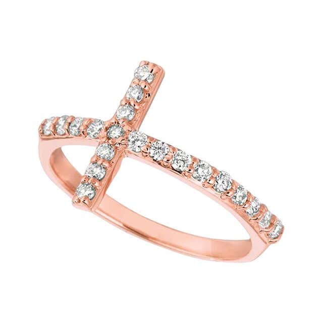 0.25ct Natural Diamond 14k Solid Rose Gold Cross Ring For Sale at ...