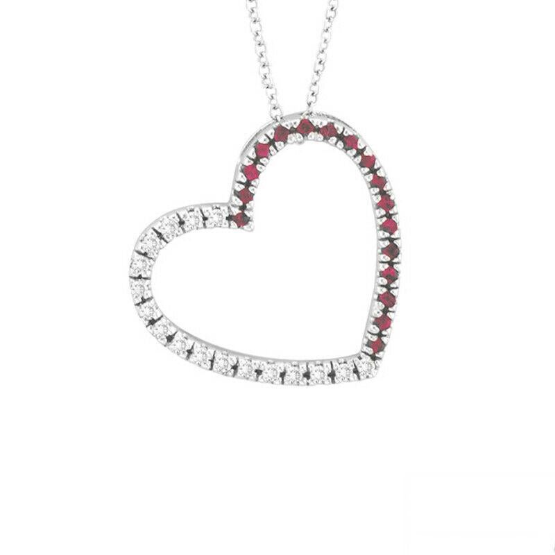 Round Cut 0.40 Carat Natural Diamond & Pink Sapphire Heart Necklace Pendant 14K White Gold For Sale