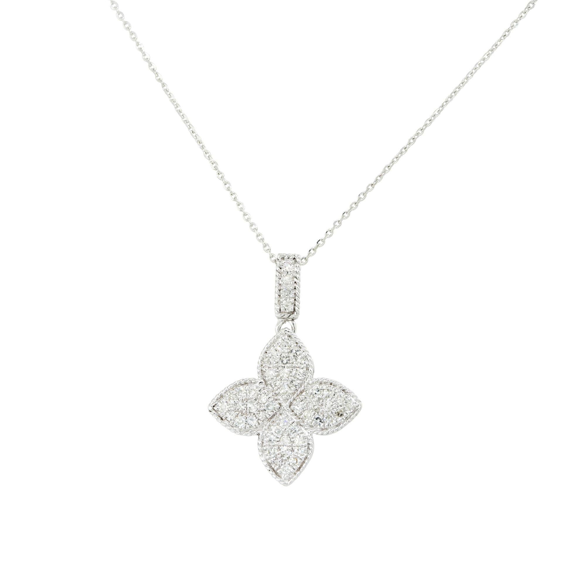 14k White Gold 0.40ctw Pave Diamond Clover Necklace
Material: 14k White Gold
Diamond Details: Diamonds are approximately 0.40 carats of Pave set, Round Brilliant cut Diamonds. All diamonds are approximately G/H in color and approximately SI in