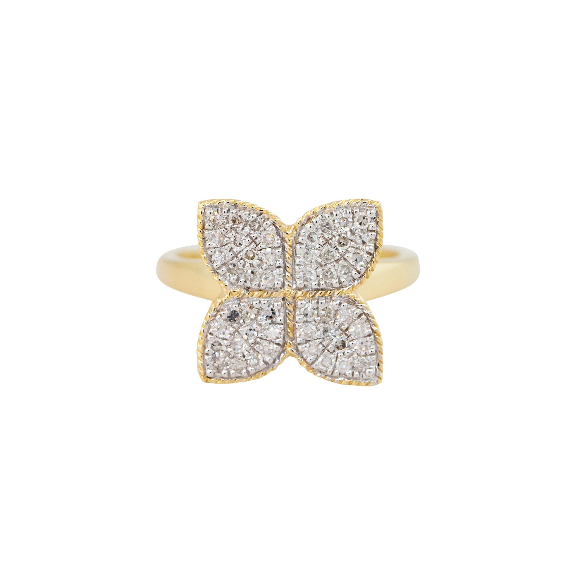 14k Yellow Gold 0.40ctw Pave Diamond Clover Ring
Material: 14k Yellow Gold
Diamond Details: There are approximately 0.40ctw of Pave set, Round Brilliant Diamonds. All diamonds are approximately G/H in color and approximately SI in clarity
Ring