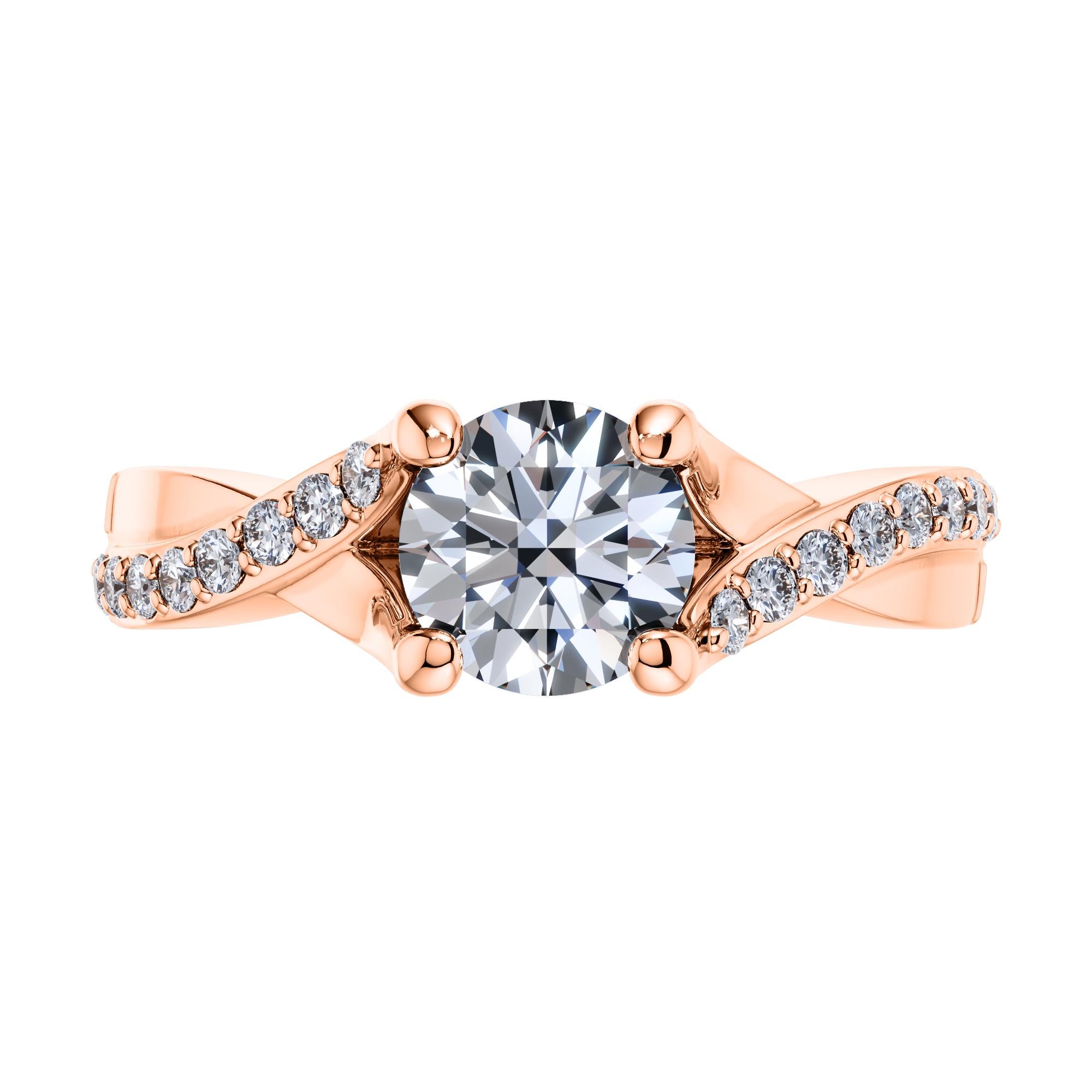 For a beautifully entwined journey together, this gleaming twisted vine modern classic engagement ring. Handmade in 18 Karat Rose Gold, with a total of 0.40 Carat White Diamonds. Set in an open gallery 4 prong mount with a split shank that has one