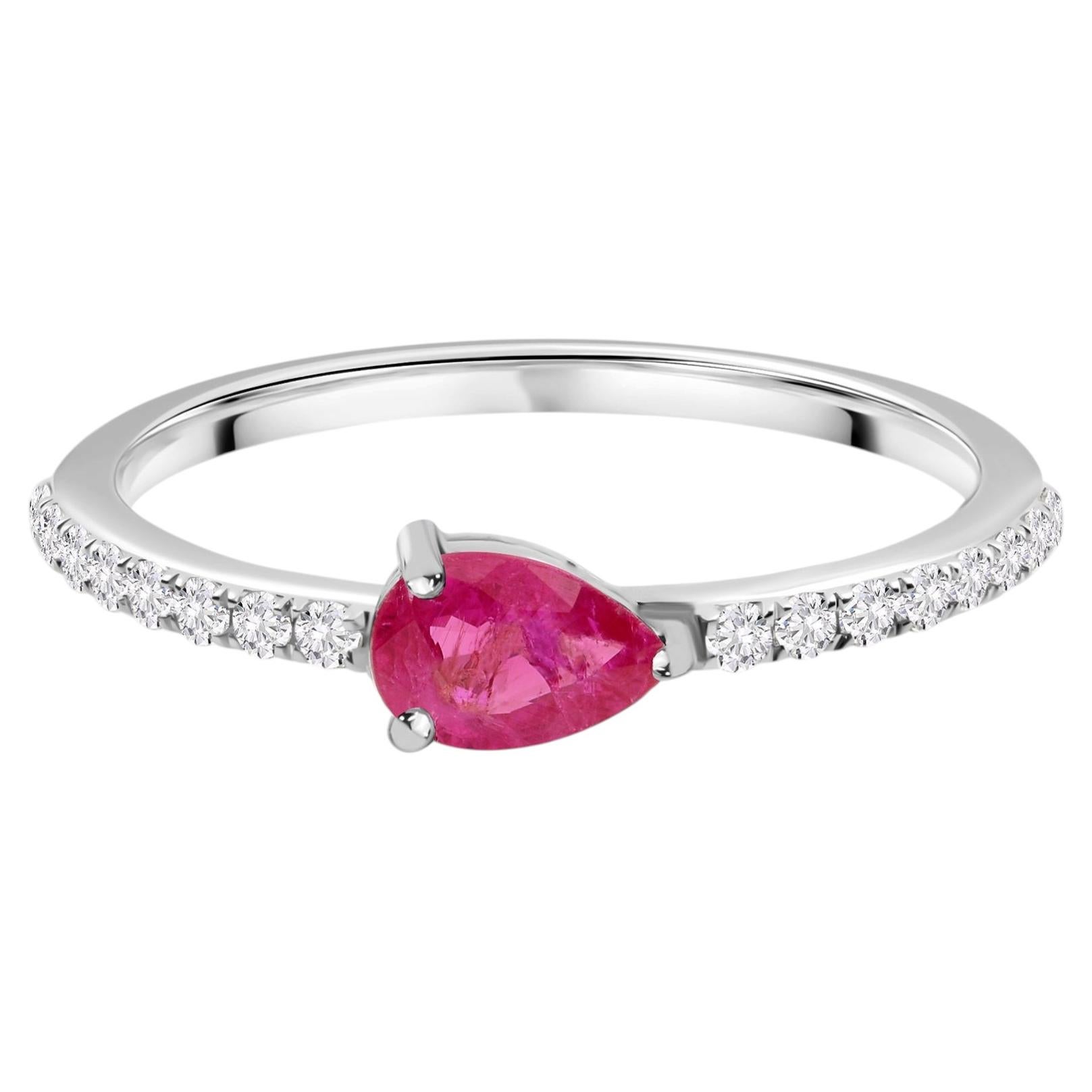 0.40 Carat Ruby Gemstone 0.12 Carat Diamond Ring 10 Karat White Gold Jewelry