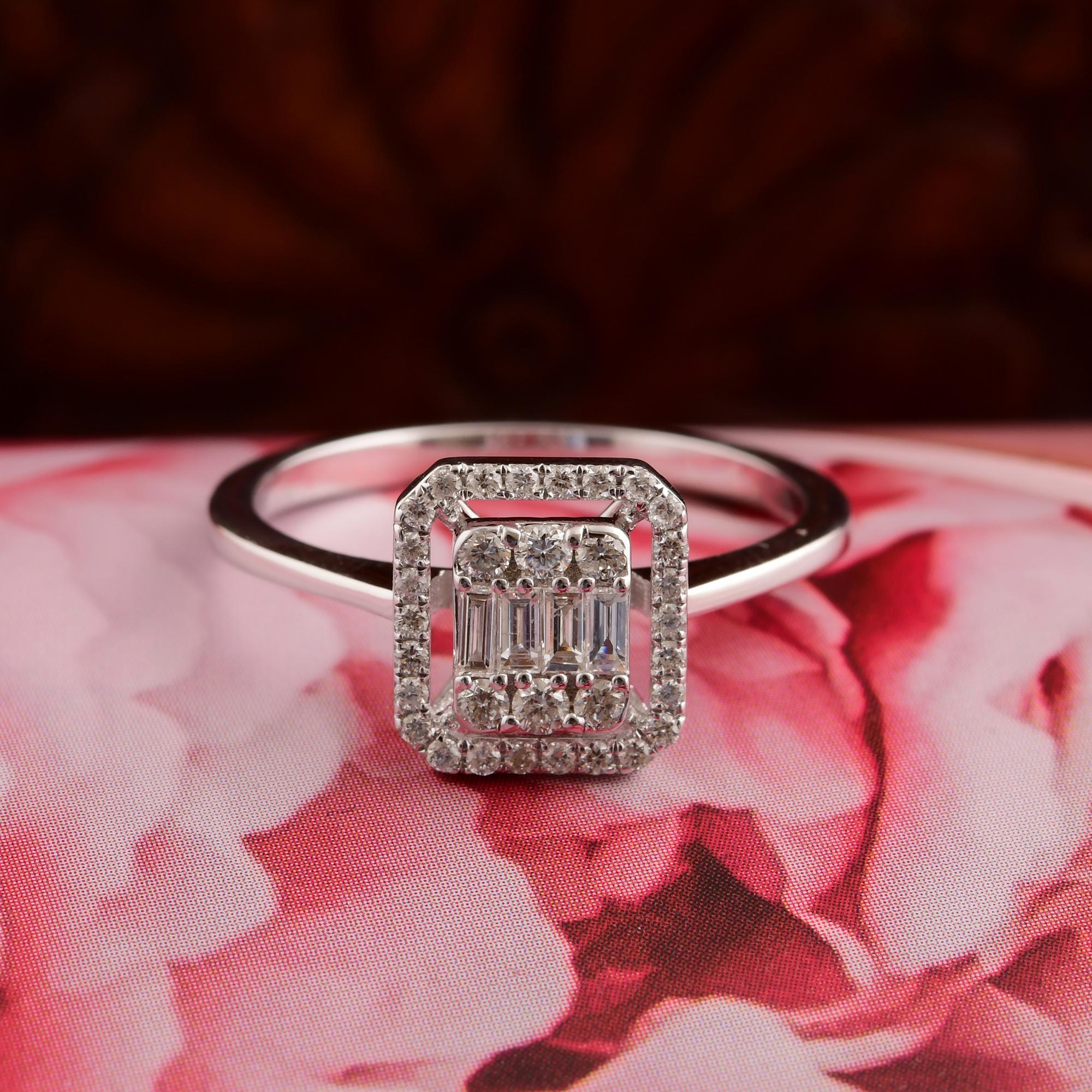 Baguette Cut 0.40 Carat SI/H Baguette Diamond Halo Emerald Cut Style Ring 18 Karat White Gold For Sale