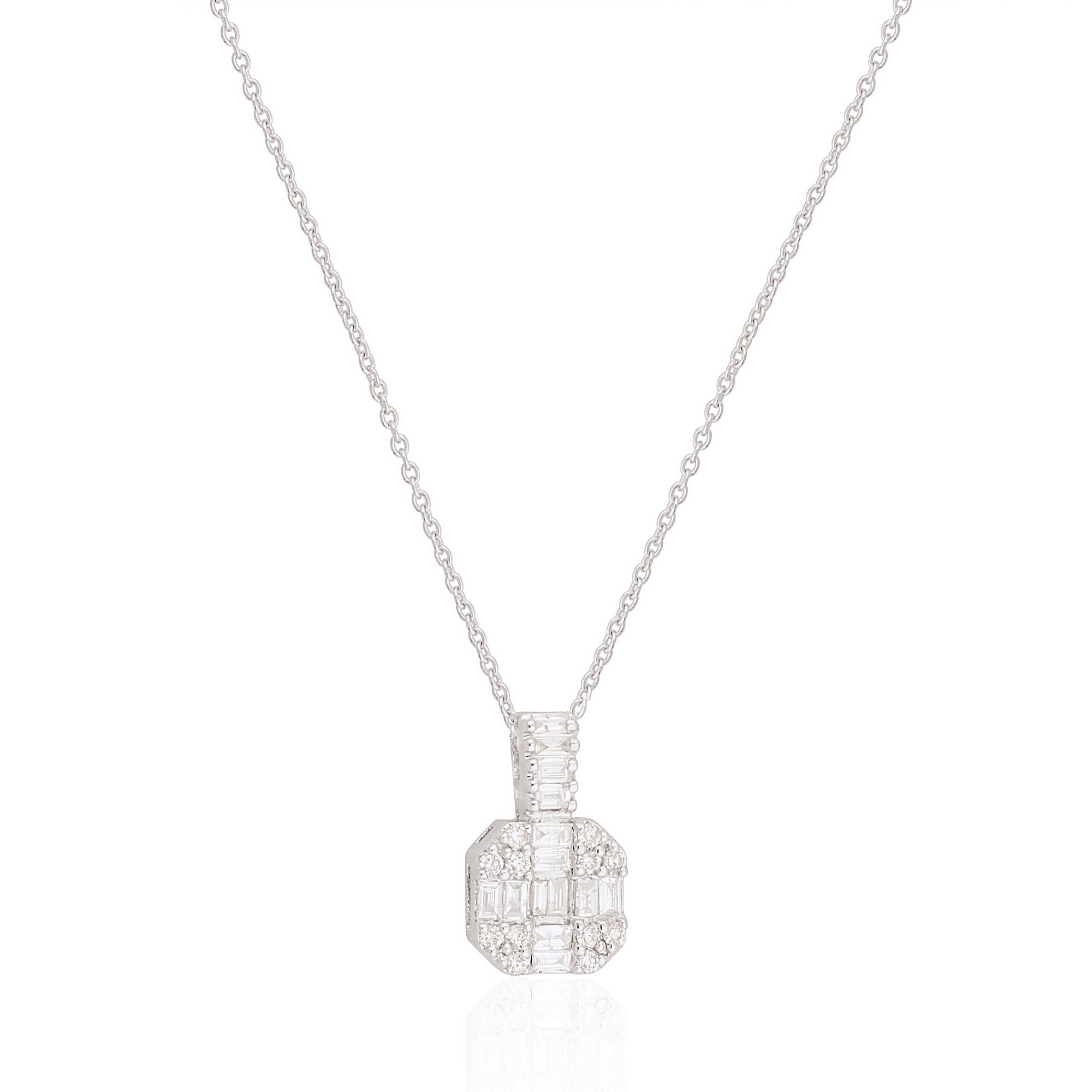 The focal point of this necklace is the mesmerizing baguette diamond charm pendant. The charm features carefully selected baguette-cut diamonds with a total weight of 0.40 carats. These diamonds exhibit SI clarity and HI color, ensuring a dazzling