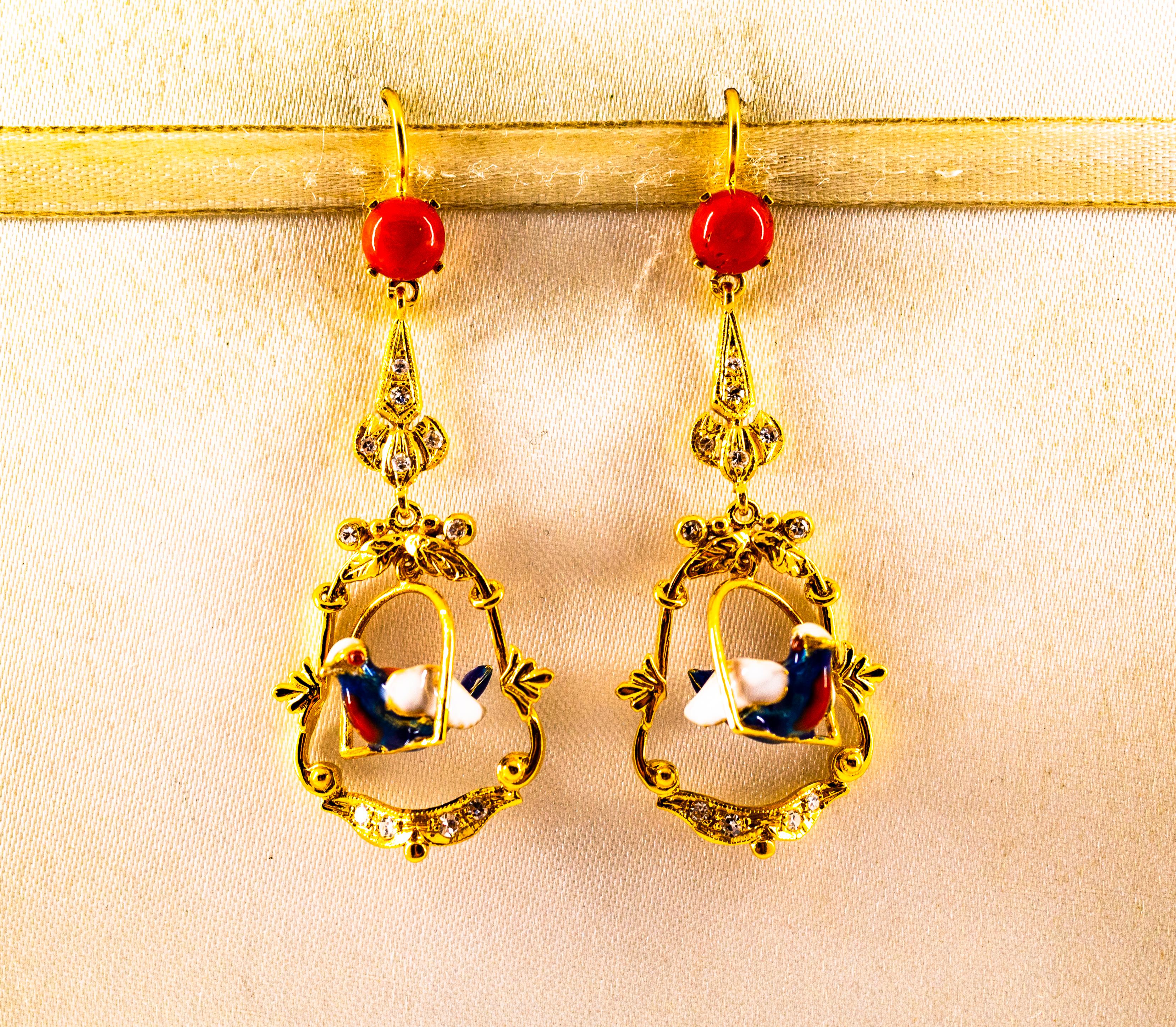 These Stud Drop Earrings are made of 14K Yellow Gold.
These Earrings have 0.40 Carats of White Diamonds.
These Earrings have Mediterranean (Sardinia, Italy) Red Coral.
These Earrings have also Enamel.
All our Earrings have pins for pierced ears but