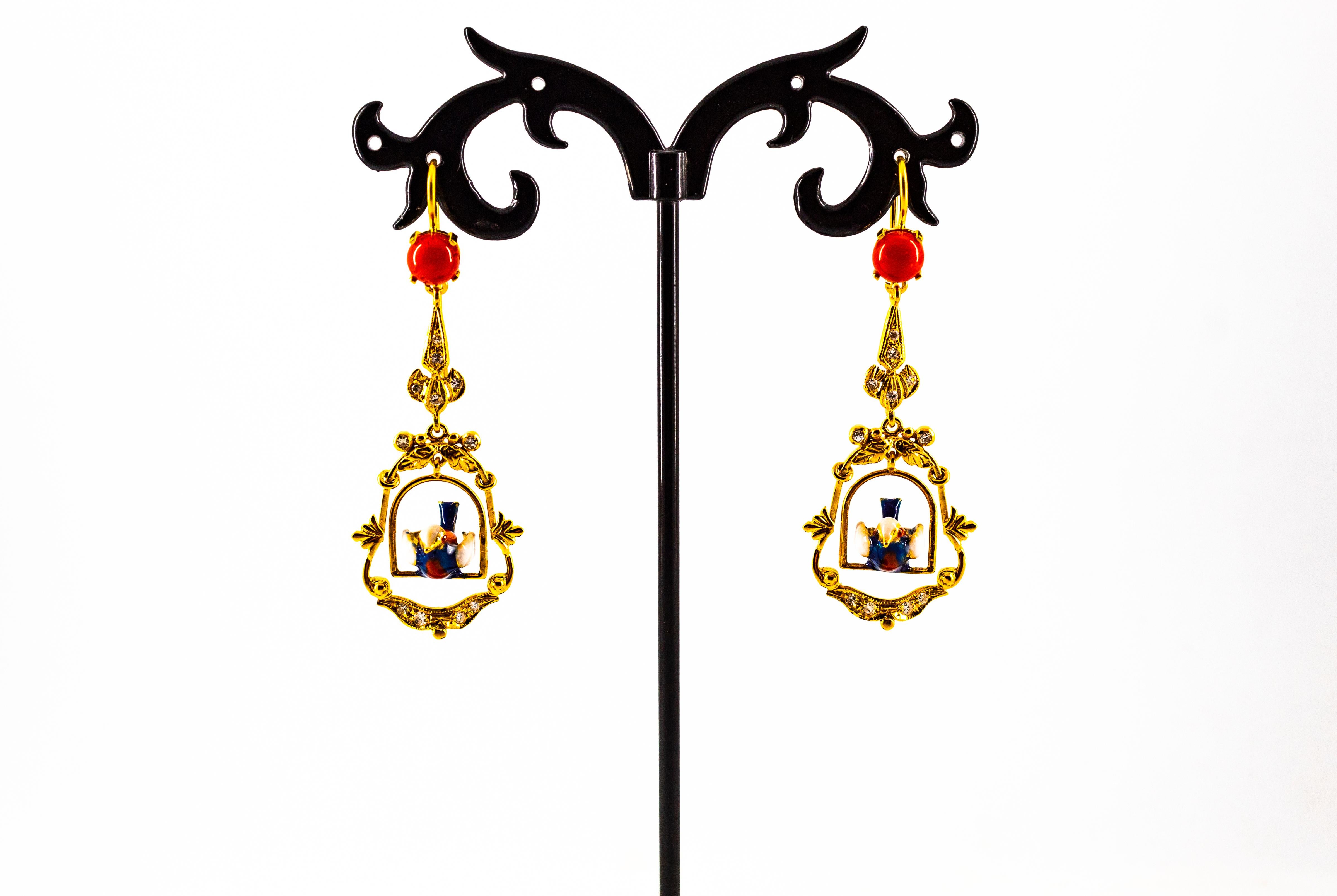 Art Nouveau 0.40 Carat White Diamond Mediterranean Red Coral Enamel Yellow Gold Earrings For Sale