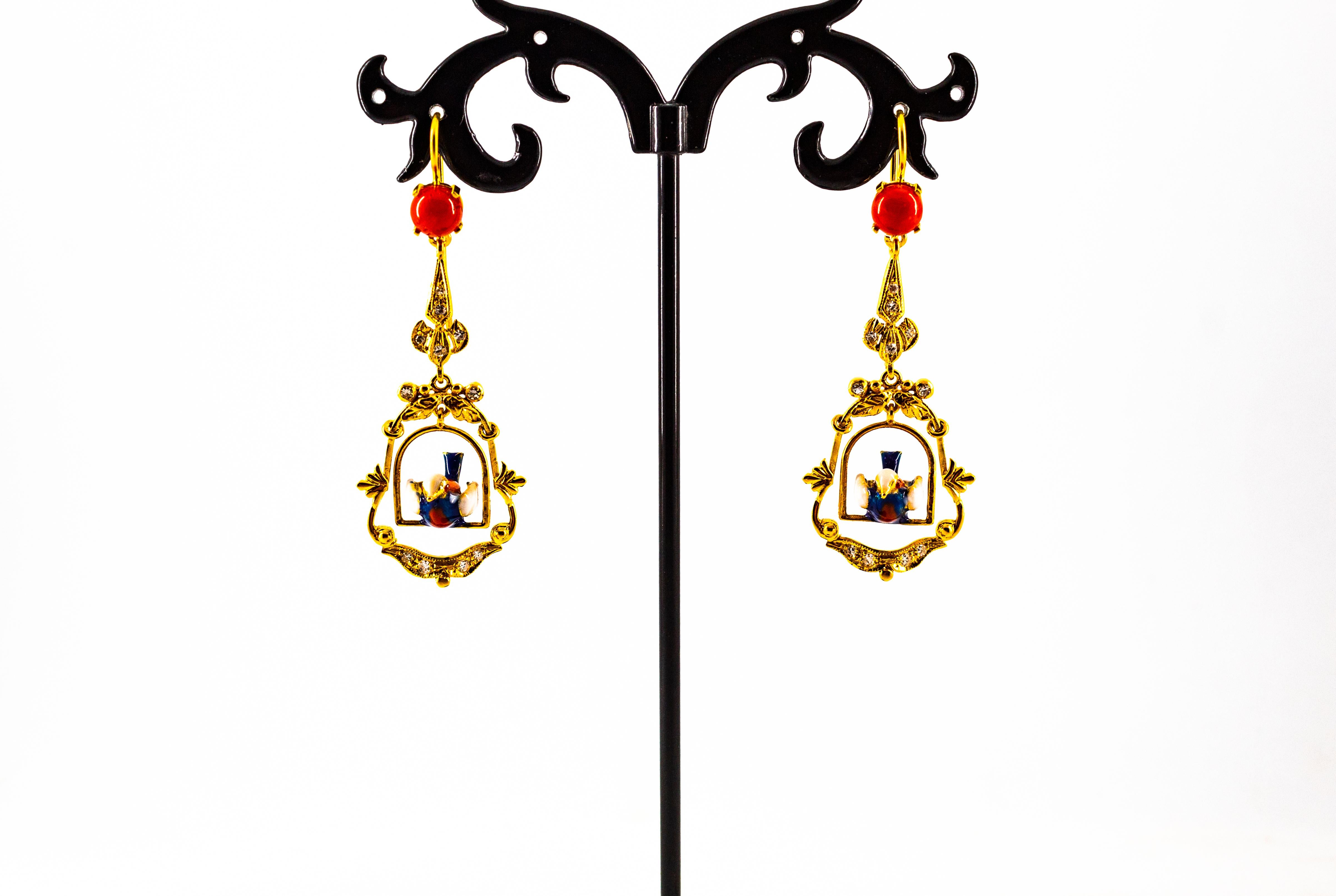 0.40 Carat White Diamond Mediterranean Red Coral Enamel Yellow Gold Earrings In New Condition For Sale In Naples, IT