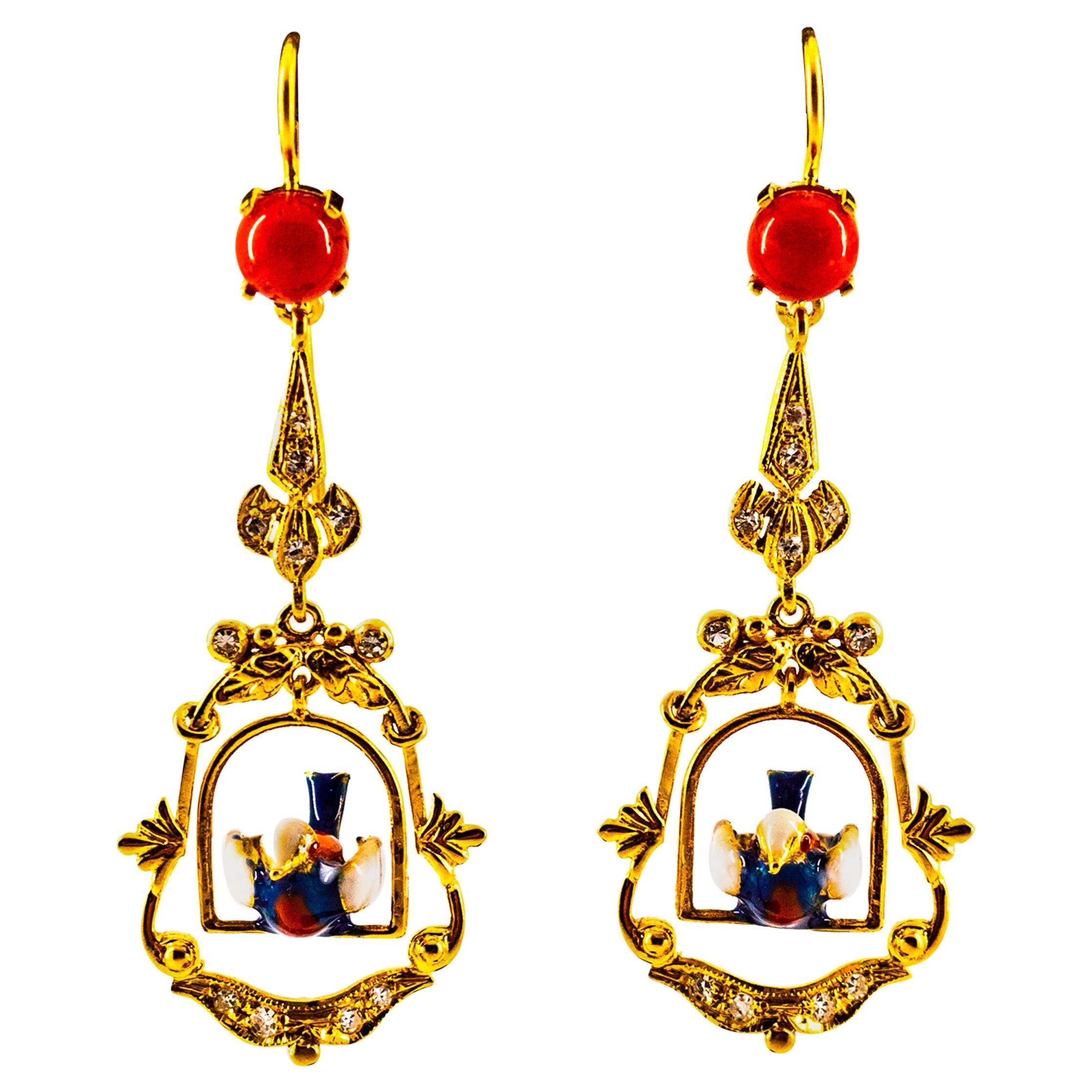 0.40 Carat White Diamond Mediterranean Red Coral Enamel Yellow Gold Earrings For Sale