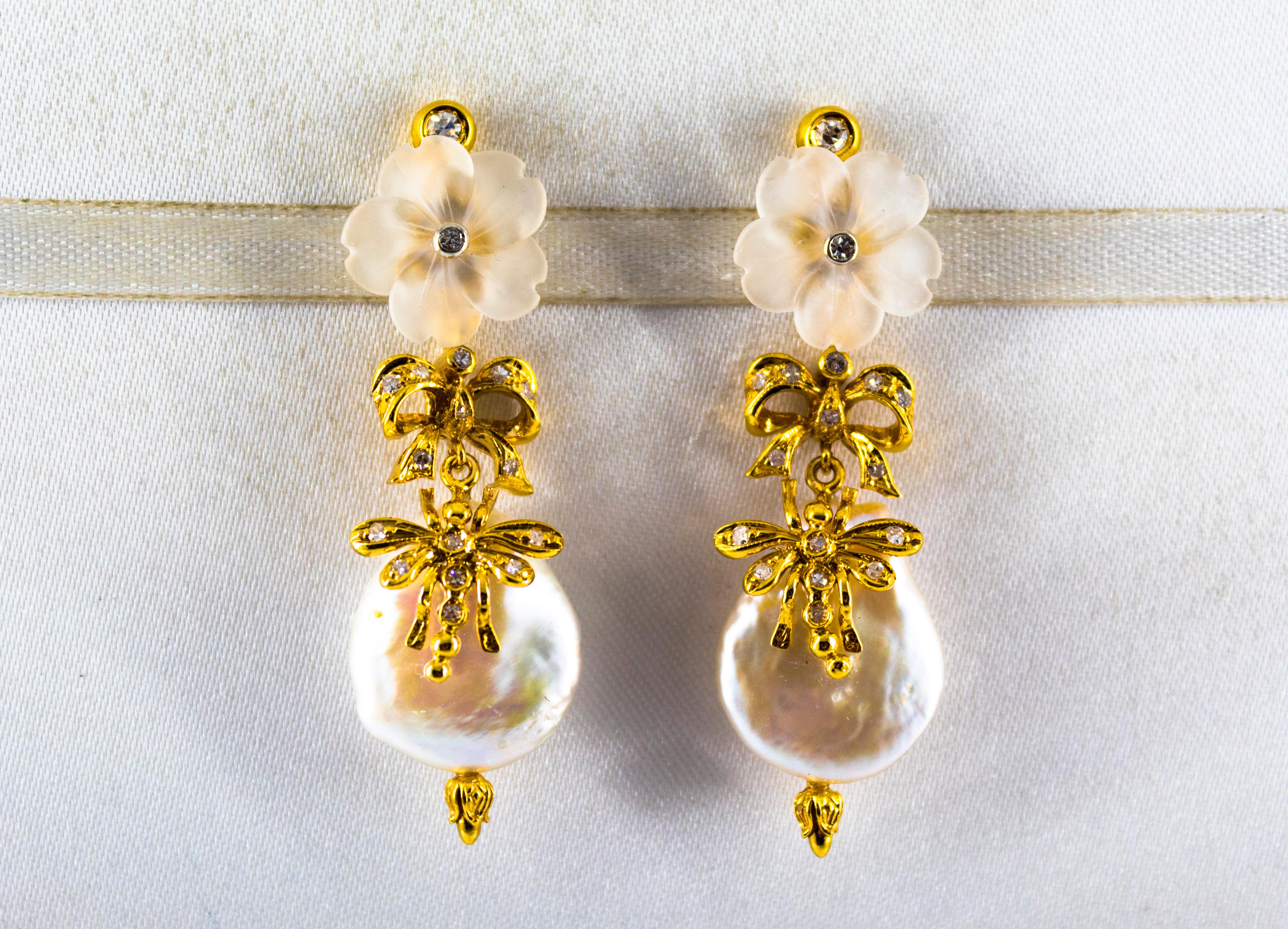 0.40 Carat White Diamond Rock Crystal Pearl Yellow Gold Drop Stud Earrings (Art nouveau)