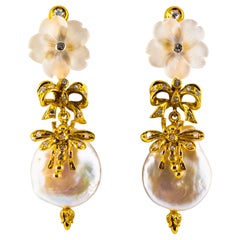 0.40 Carat White Diamond Rock Crystal Pearl Yellow Gold Drop Stud Earrings