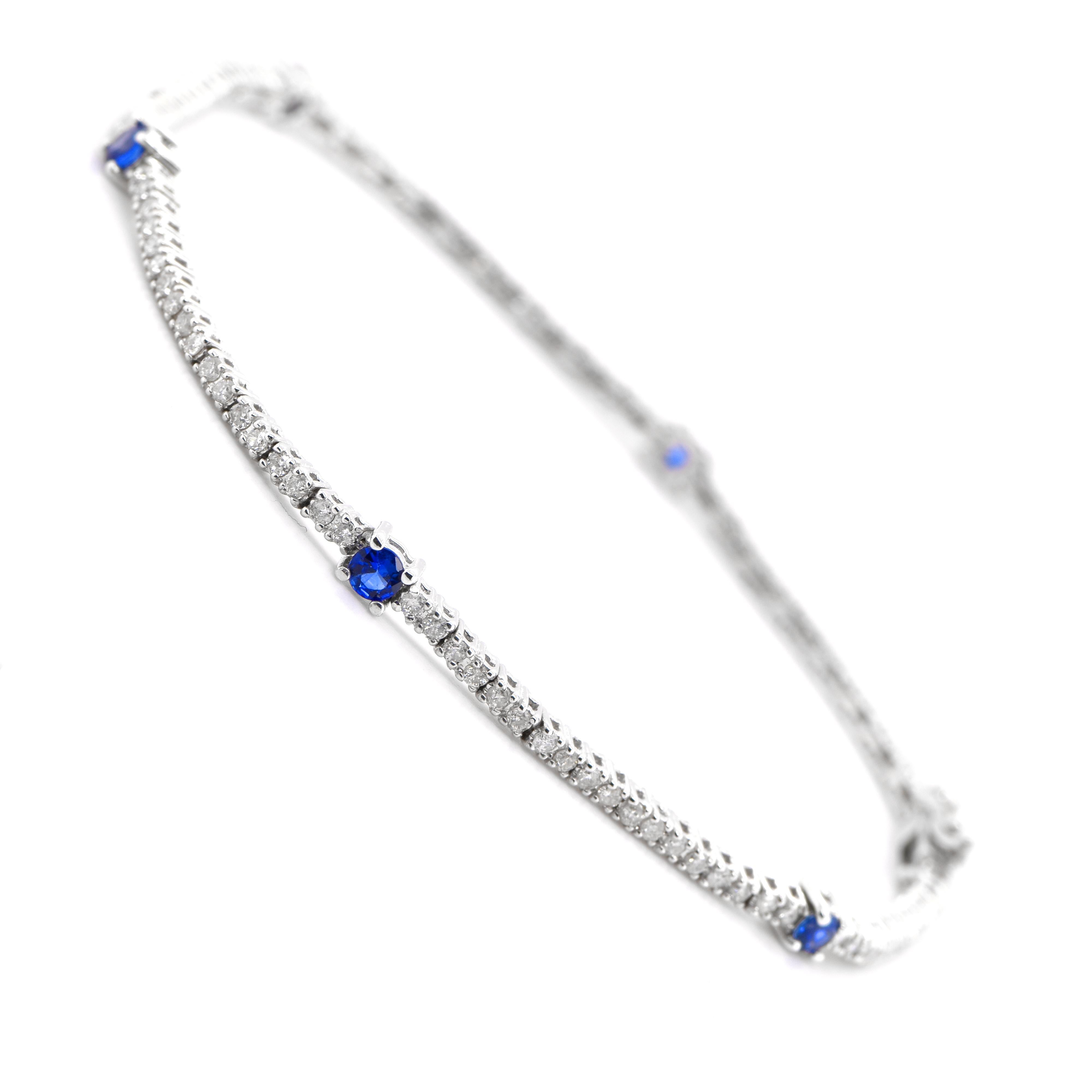 Modern 0.40 Carats Natural Sapphires and Diamonds Tennis Bracelet Set in 18K White Gold