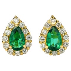 Boucles d'oreilles en or 18 carats, émeraude naturelle de Zambie et diamants de 0,40 carat