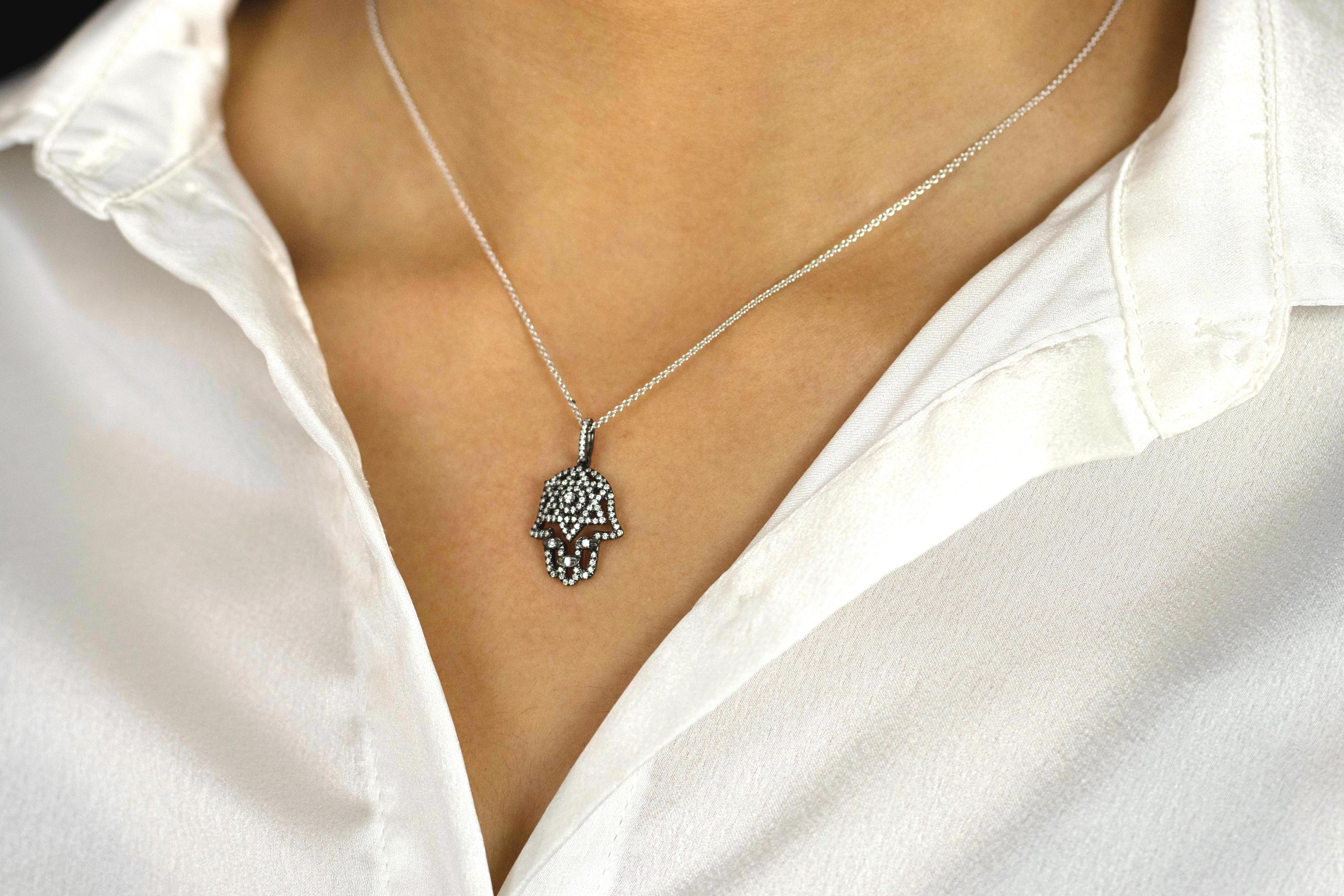 Contemporary Roman Malakov 0.40 Carat Round Diamond Black Rhodium Hamsa Hand Pendant Necklace For Sale