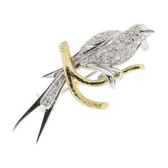 0.40 Ct Diamond and an 18 K White Gold Bird on a Yellow 18 K Gold Branch Brooch