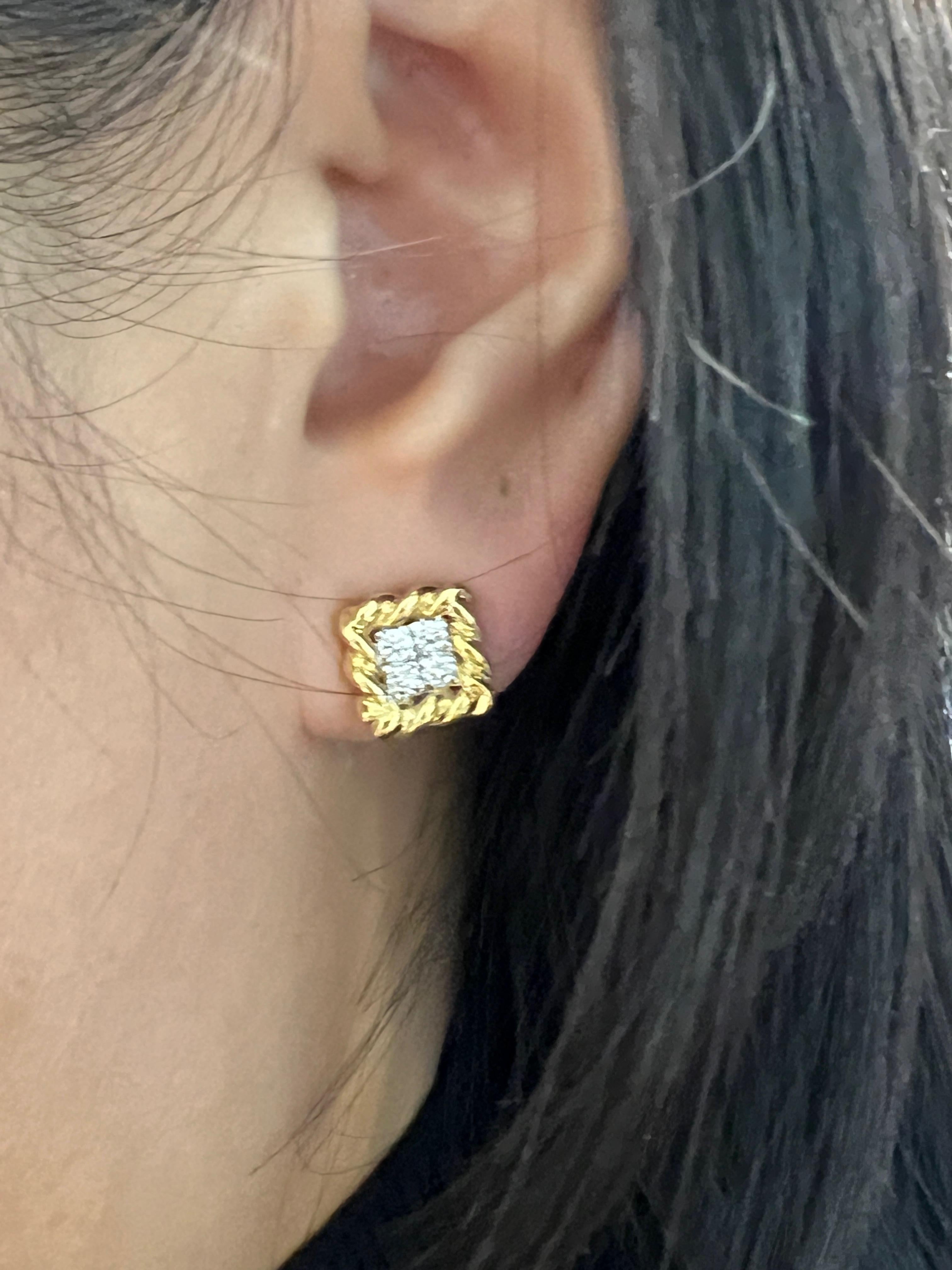 These gorgeous clip-on earrings will make any wardrobe. 0.40 ct diamonds are E/F in color and VS1/VS2 in clarity. They are encased in 18k yellow gold. A great addition for any fashionista. 