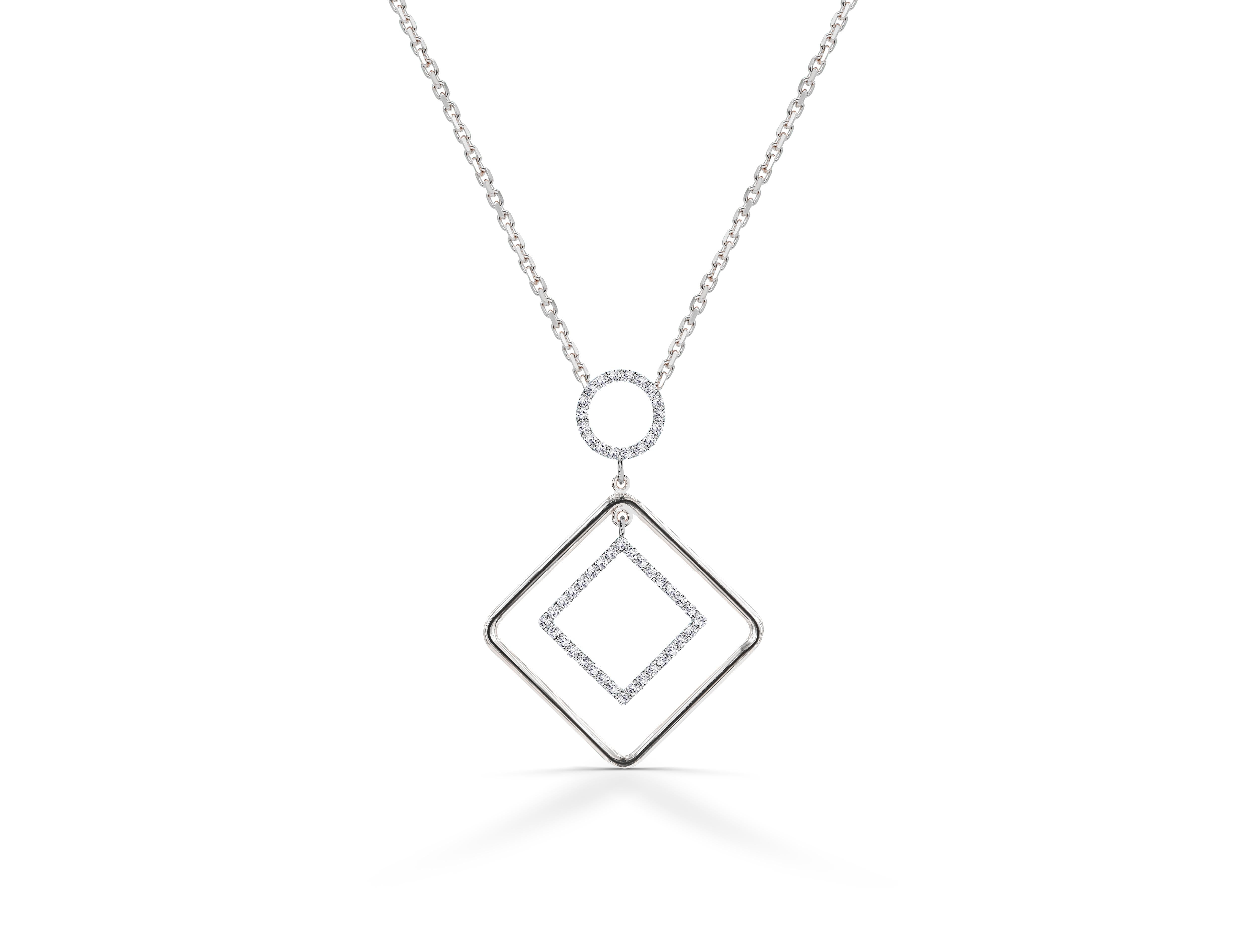 Round Cut 0.40 Ct Diamond Square and Round Geometric 14K Gold Necklace For Sale