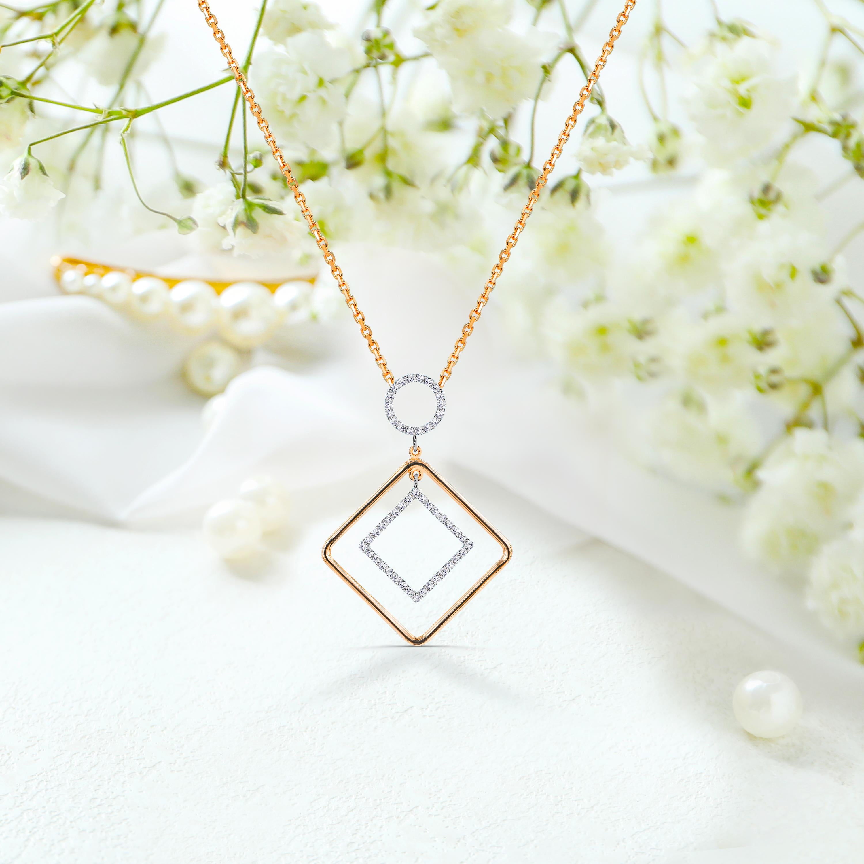 0.40 Ct Diamond Square and Round Geometric 14K Gold Necklace In New Condition For Sale In Bangkok, TH
