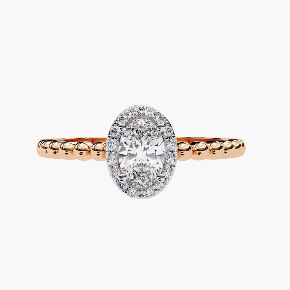 0.40 Ctw Oval Elegance Ring  Diamond Bead Band Halo 14K Gold For Sale 4