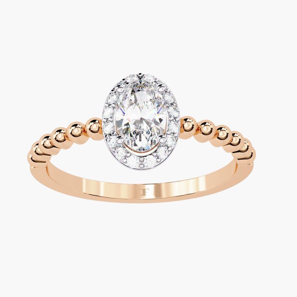 0.40 Ctw Oval Elegance Ring  Diamond Bead Band Halo 14K Gold For Sale 5