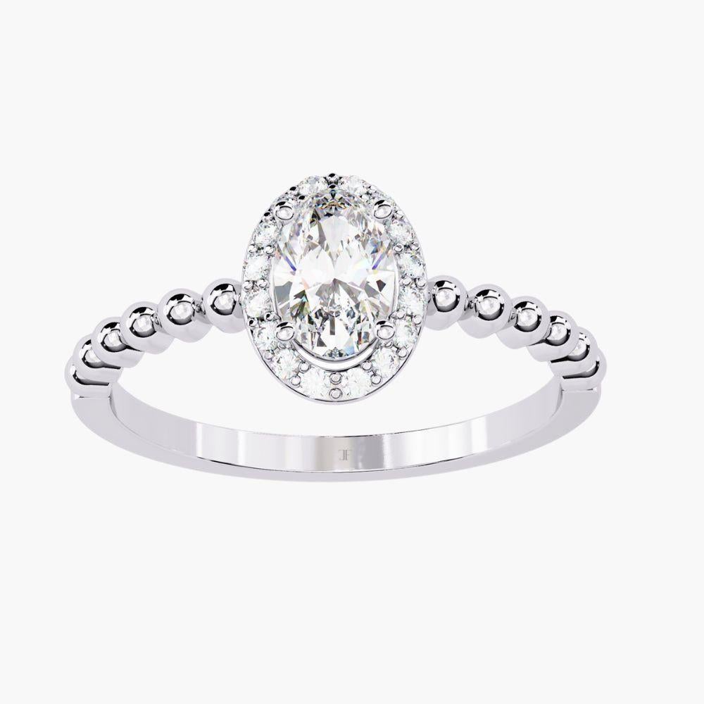 Contemporary 0.40 Ctw Oval Elegance Ring  Diamond Bead Band Halo 14K Gold For Sale