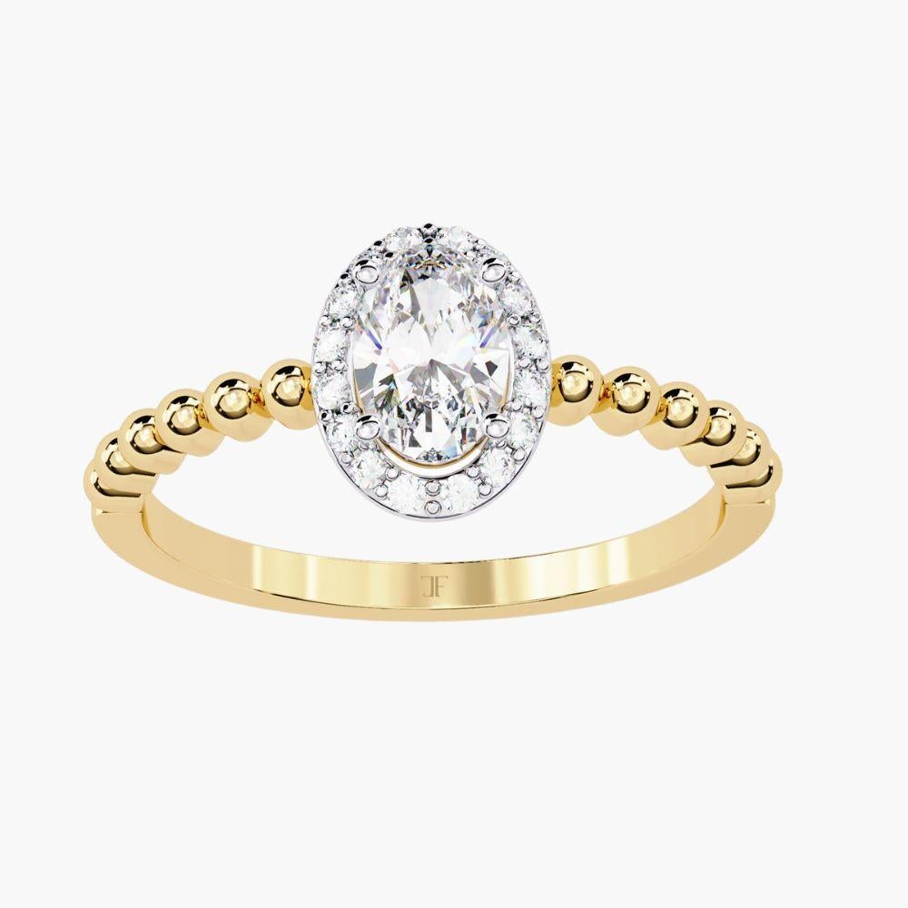 0.40 Ctw Oval Elegance Ring  Diamond Bead Band Halo 14K Gold For Sale 1