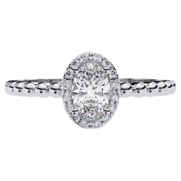 0.40 Ctw Oval Elegance Ring  Diamond Bead Band Halo 14K Gold
