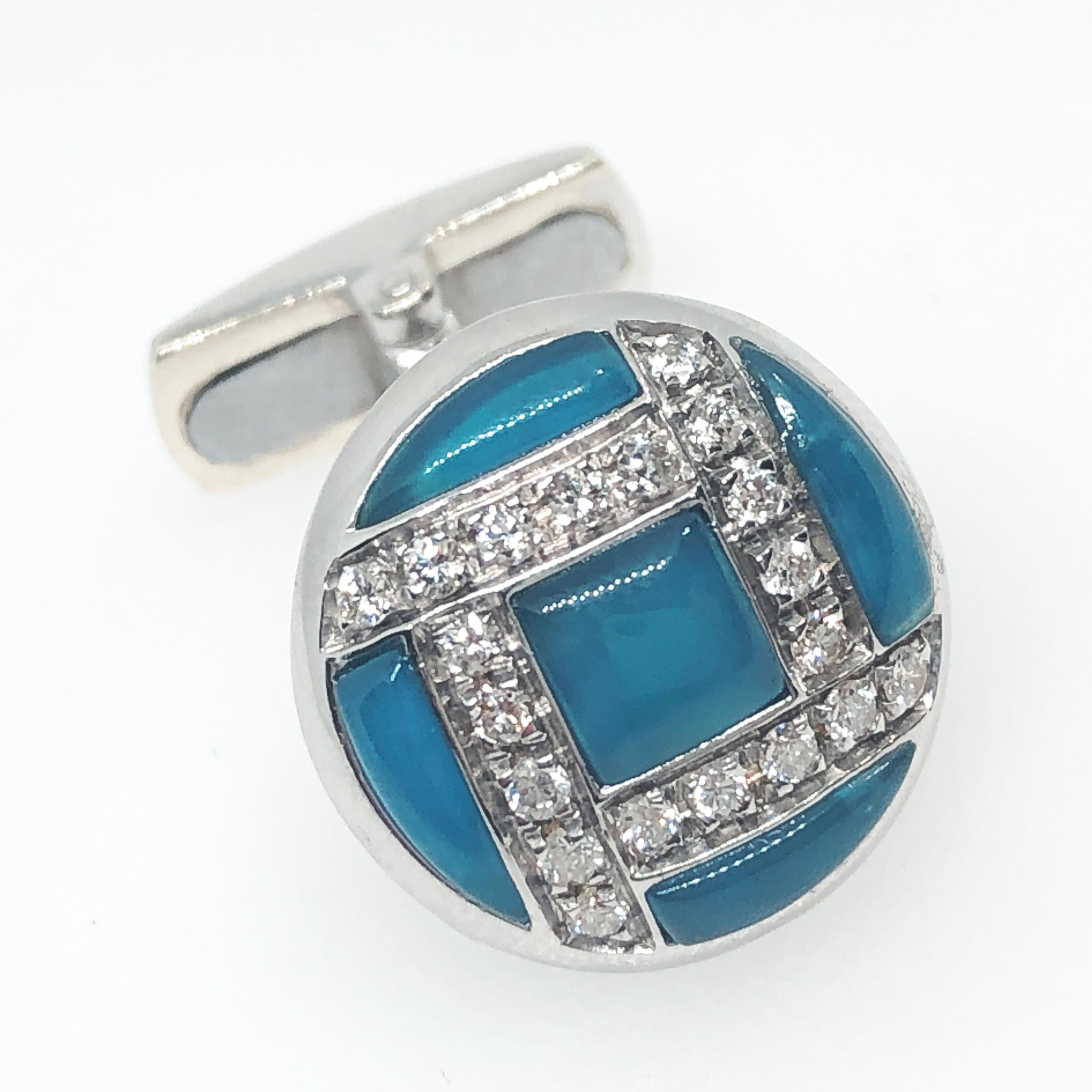 Smart, Unique yet Timeless Cufflinks featuring 0.40Carat White Diamond in a Natural Iridescent Hand Inlaid Blue Chalcedony White Gold Setting, easy to wear T-Bar back.
In our smart Black Box and Pouch.