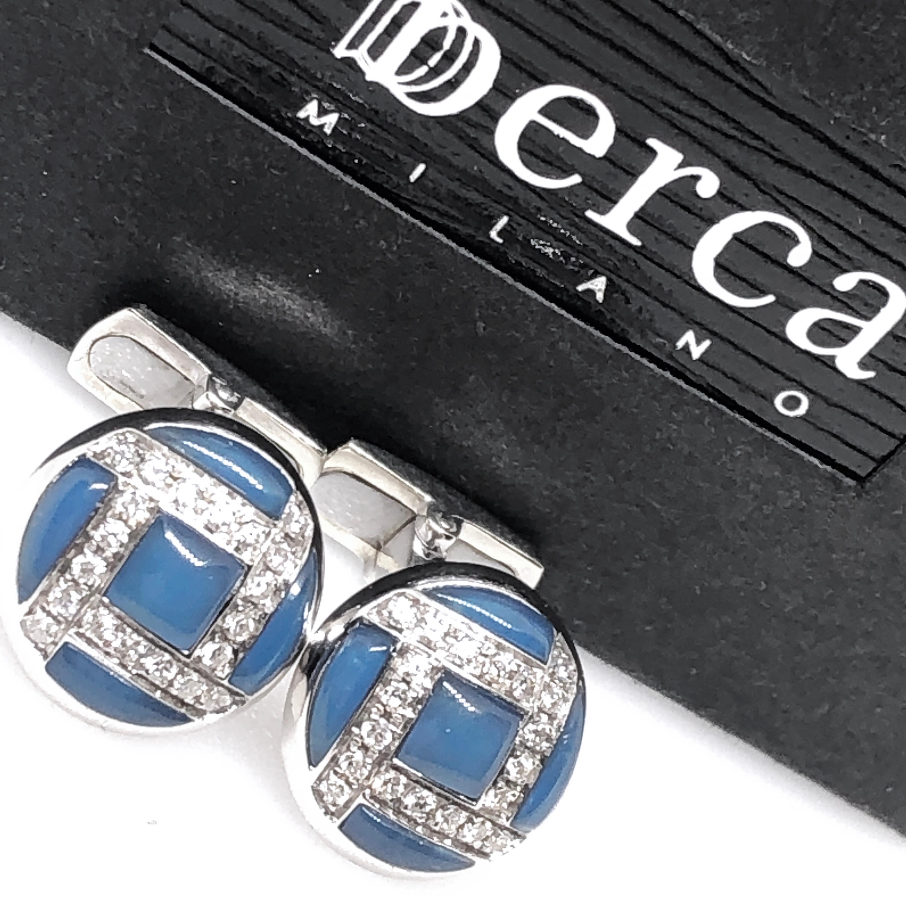 Contemporary Berca 0.40 Kt White Diamond Hand Inlaid Blue Chalcedony White Gold Cufflinks For Sale