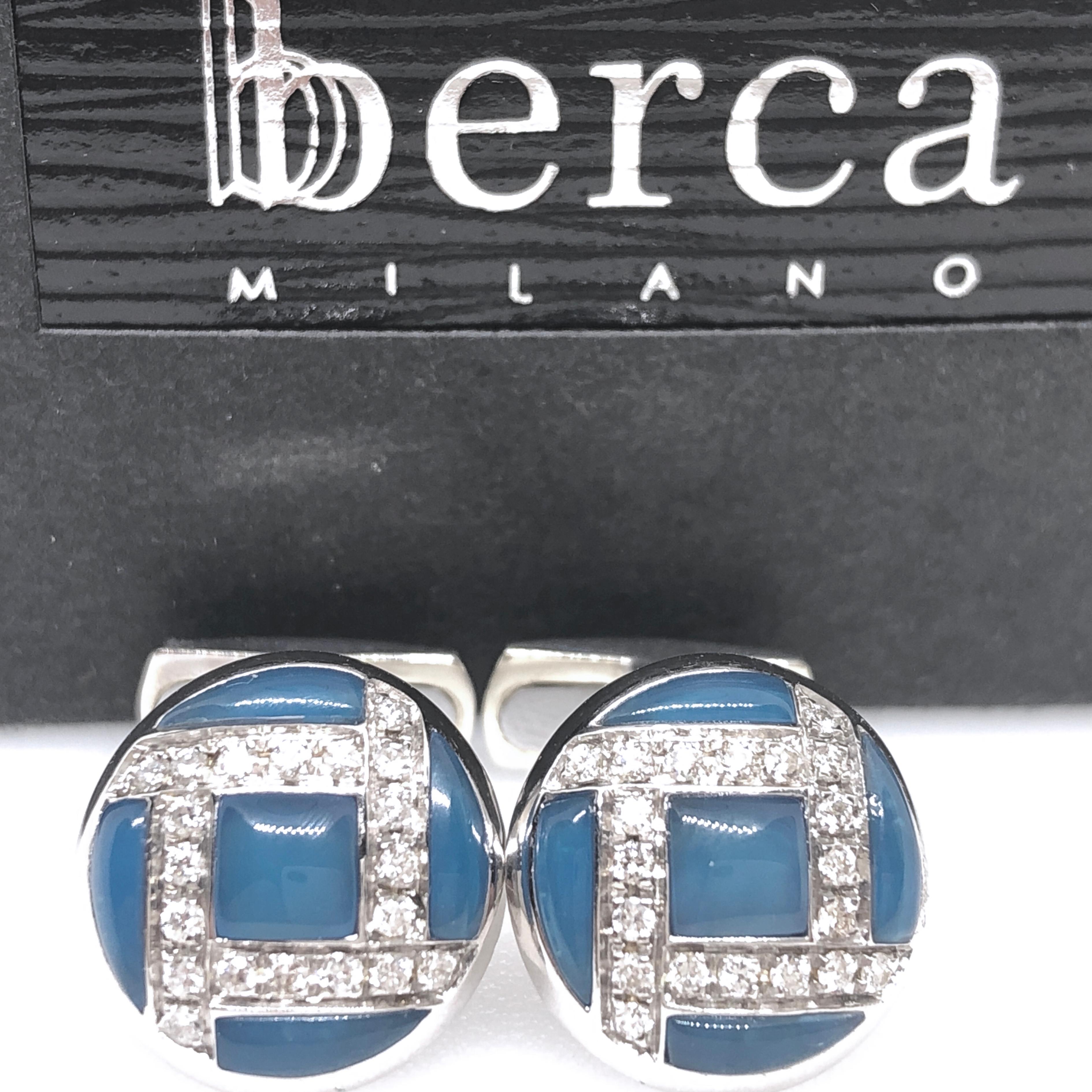 Round Cut Berca 0.40 Kt White Diamond Hand Inlaid Blue Chalcedony White Gold Cufflinks For Sale