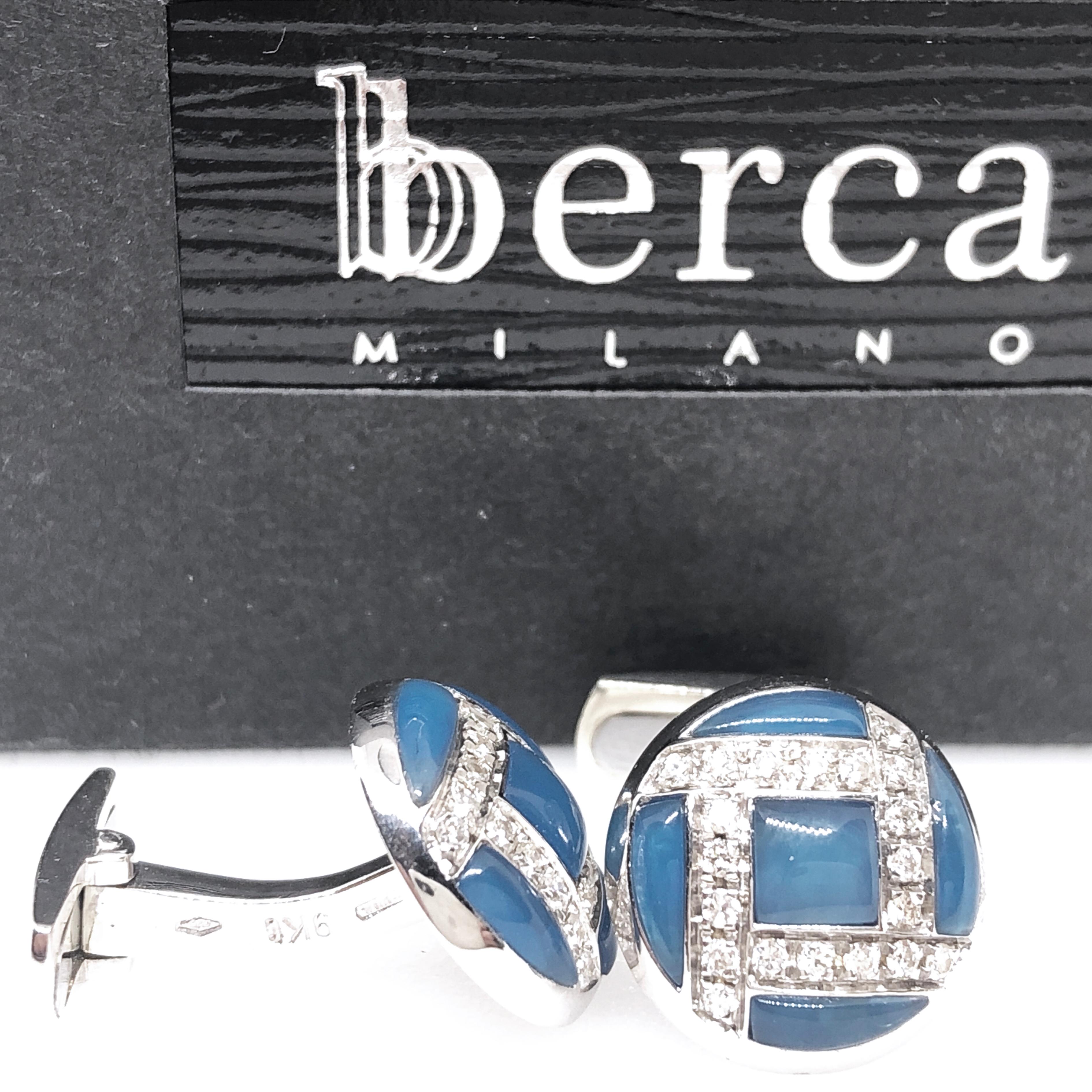 Men's Berca 0.40 Kt White Diamond Hand Inlaid Blue Chalcedony White Gold Cufflinks For Sale