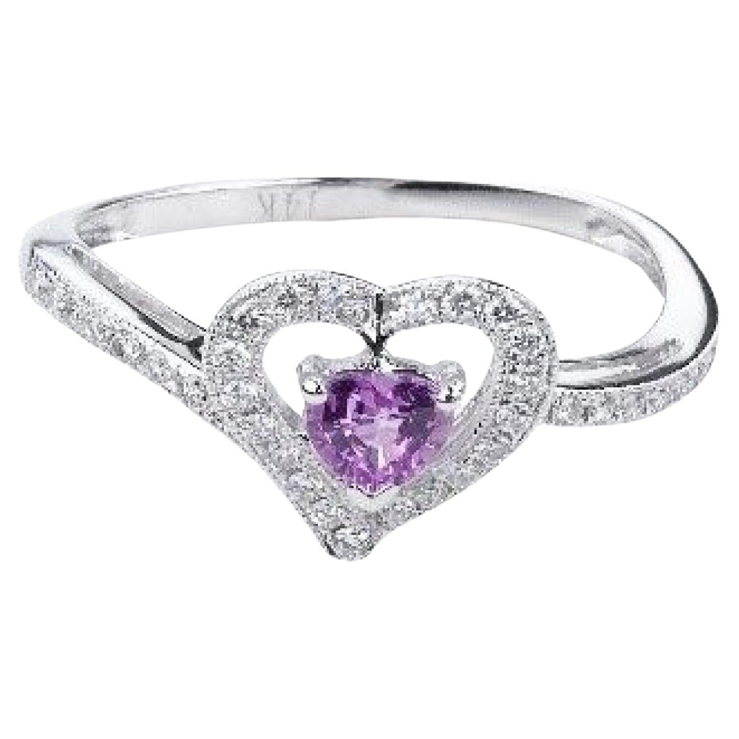 0.403 Carat Pink Sapphire and Diamond Heart Ring in 14 Karat White Gold