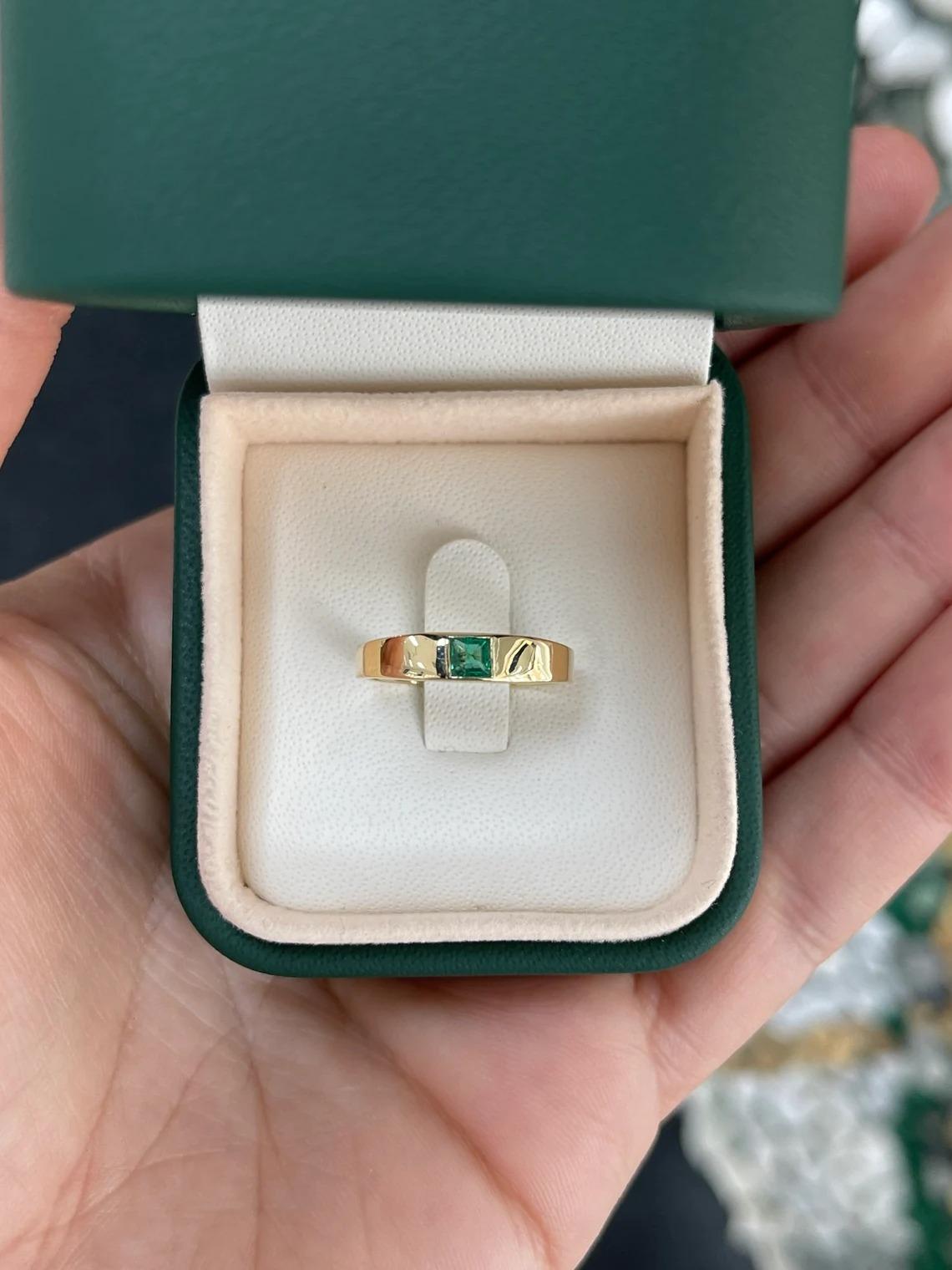 0.40ct 14K Natural Dark Green Princess Cut Emerald Bezel Set Solitaire Band Ring For Sale 2