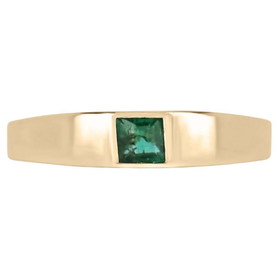0.40ct 14K Natural Dark Green Princess Cut Emerald Bezel Set Solitaire Band Ring For Sale