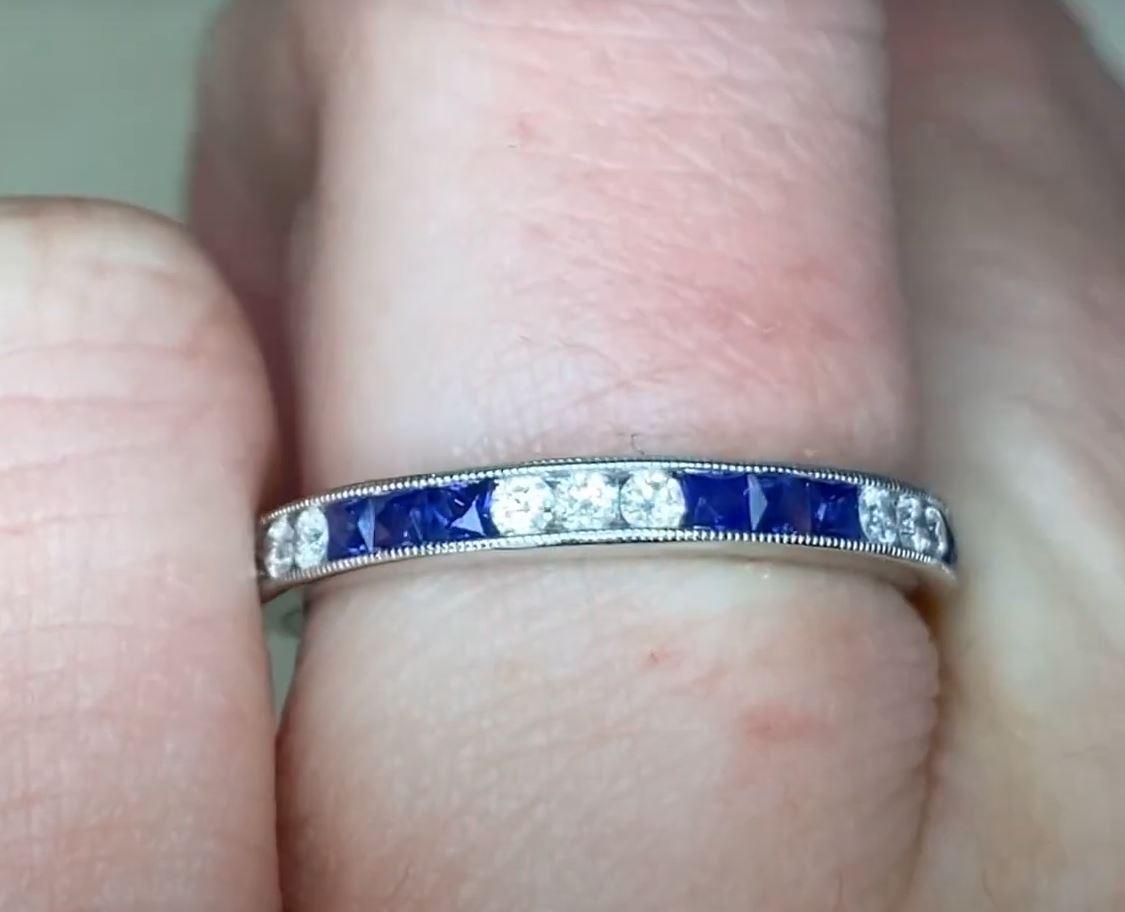 Round Cut 0.40ct Diamond & 0.77ct Natural Sapphire Eternity Band Ring, Platinum For Sale
