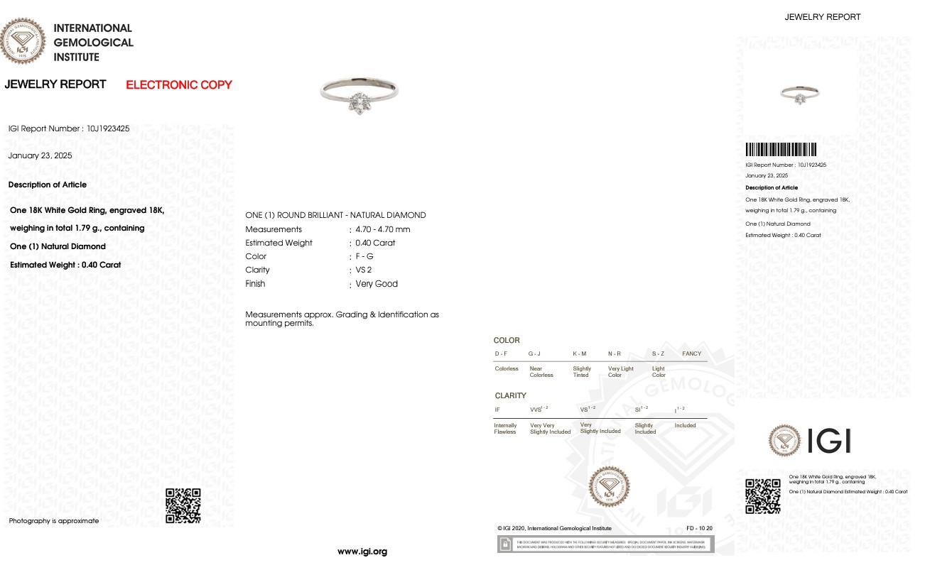 Bague de fiançailles à 6 griffes en or blanc 18 carats avec diamant naturel certifié IGI de 0,40 carat en vente 6