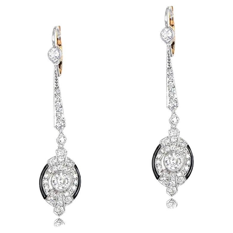 0.40 Carat Old Euro Cut Diamond Earrings, Onyx